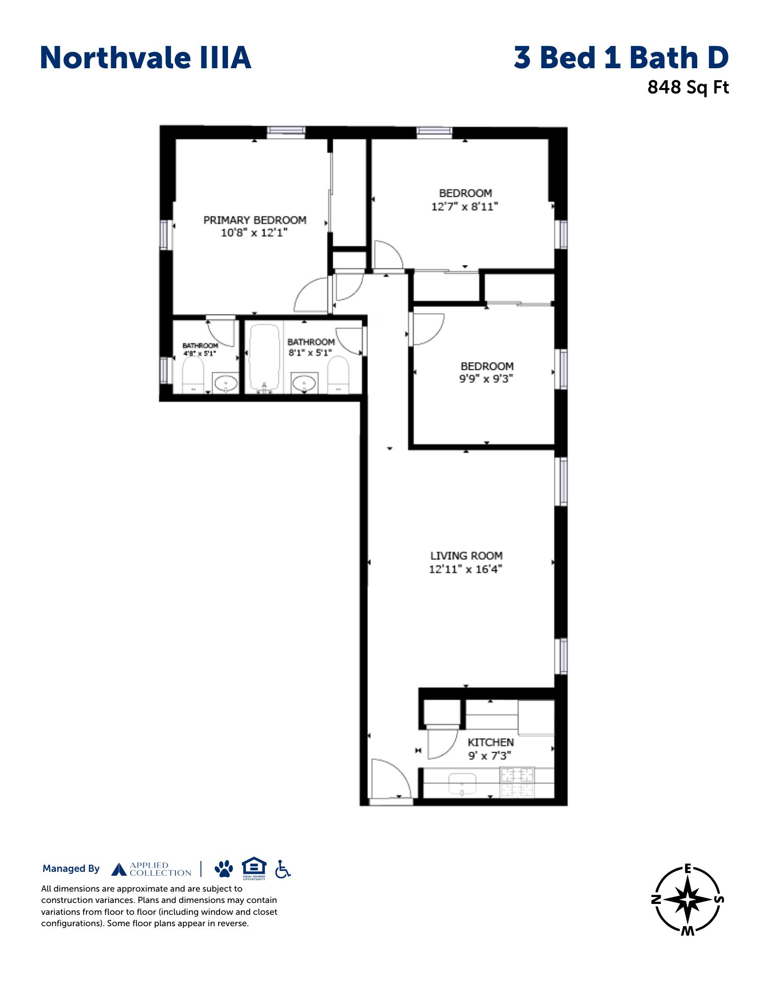 Floor plan for 3 beds, 1.5 baths, 848 sqft